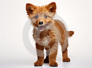 Cute brown puppy like a fox with a fluffy coat and perky ears. The puppy is standing on a white background and looking