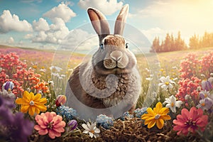 cute brown Rabbit on a meadow withcolorful flowers