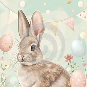 Cute brown rabbit with pastel Easter eggs, little spring flowers and party flags on a pastel blue background. Painting in soft and