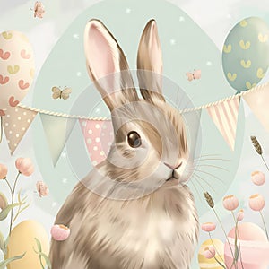 Cute brown rabbit with pastel Easter eggs, little spring flowers and party flags on a pastel blue background. Painting in soft and