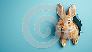 A cute brown rabbit peeks through a torn hole in vibrant blue paper.