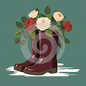 Cute brown rainboots wtih roses and teal background