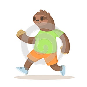 Cute brown sloth wearing sportswear running, cartoon character. Flat vector illustration, isolated on white background.