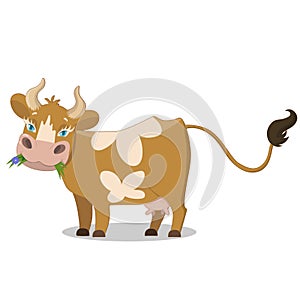 Cute brown spotted cow, funny farm animal cartoon character vector Illustration on a white background