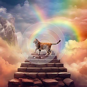 Cute brown striped cat standing on stone stairs among clouds near rainbow. Home pet heaven concept