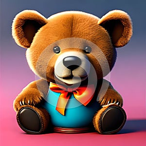 Cute brown Teddy Bear with orange bow and blue T-shirt