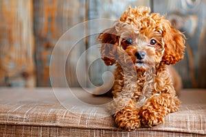 Cute Brown Toy Poodle Puppy Sitting Attentively On A Rustic Wooden Background Looking At The Camera With Curious Eyes