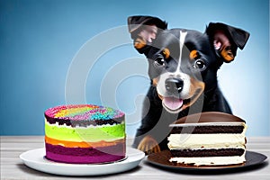 A cute brown and white puppy sitting next to a delicious cake. Generative AI