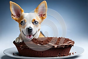 A cute brown and white puppy sitting next to a delicious cake. Generative AI