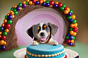 A cute brown and white puppy sitting next to a delicious cake. Generative AI