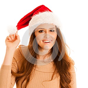 Cute brunete girl in santa claus dress with presents for christmas