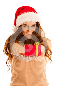 Cute brunete girl in santa claus dress with presents for christmas