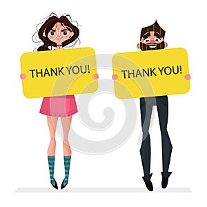 Cute brunette girl and boy holding blank board banner thank you in hands