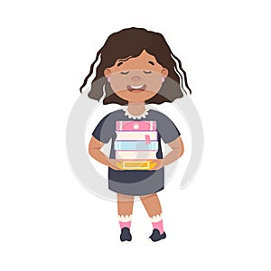 Cute Brunette Girl Carrying Stack of Books, Preschool Girl Reading Books and Enjoying Literature, Kids Education Concept
