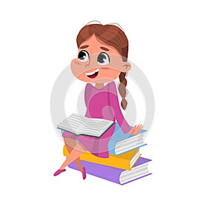 Cute Brunette Girl Sitting on Pile of Books, Preschooler Kid or Elementary School Student Enjoying Literature Cartoon