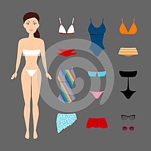 Cute brunette girl with swimsuits set. Paper doll