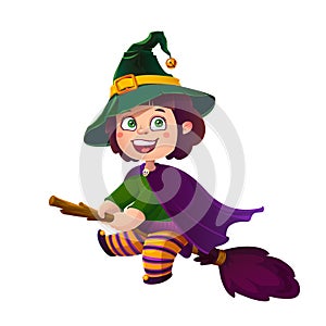 Cute Brunette Girl Witch on the Broom. Happy Halloween. Trick or Treat, Cartoon Illustration.