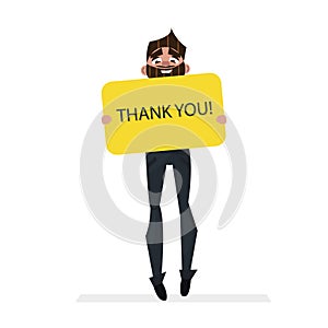 Cute brunette man holding blank board banner thank you in hands