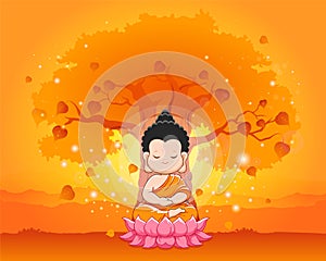 Cute Buddha meditating on the lotus.Happy vesak day,Magha puja or buddha purnima
