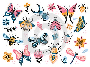 Cute bugs. Child drawing insects, flying butterflies and baby ladybird. Flower butterfly, fly insect and beetle flat vector set