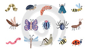 Cute bugs and insects. Cartoon ant bee spider moscito butterfly characters. Vector insect collection