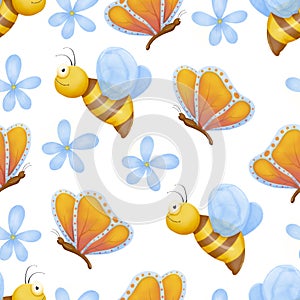 Cute bugs seamless pattern. Child drawing insects, flying butterflies and baby ladybird. Flower butterfly, fly insect