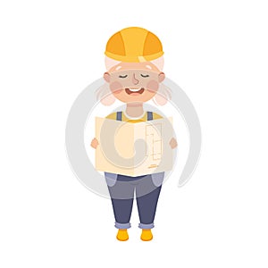 Cute Builder Holding Architectural Plan, Little Girl in Hard Hat and Blue Overalls with Construction Tools Cartoon Style