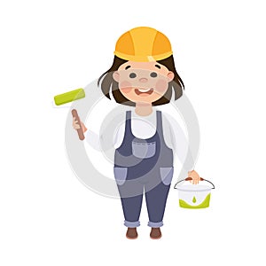 Cute Builder with Roller Brush and Pail of Paint, Little Girl Painter Character in Hard Hat and Blue Overalls with