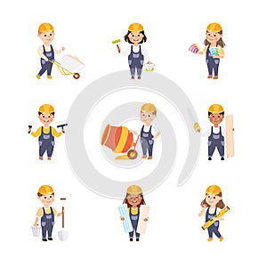 Cute Builders Set, Little Boys and Girls in Hard Hats and Blue Overalls Working with Construction Tools Cartoon Style