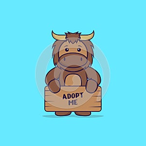 Cute bull holding a poster Adopt me. Animal cartoon concept isolated. Can used for t-shirt, greeting card, invitation card or