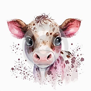 Cute bull kid, animal, toy, watercolor illustration, cartoon style, on an isolated background.