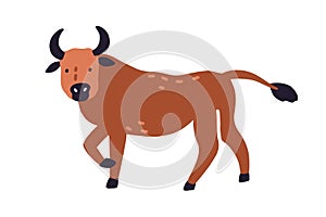 Cute bull or ox isolated on white background. Funny buffalo animal. Colored flat vector illustration of wild horny photo
