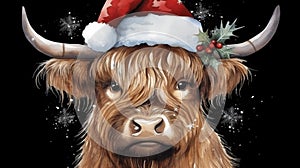 Cute bull with santa claus hat on black background. Generative AI