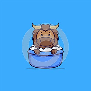 Cute bull taking a bath in the bathtub. Animal cartoon concept isolated. Can used for t-shirt, greeting card, invitation card or