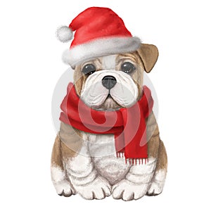 Cute bulldog in santa claus hat, watercolor style illustration, holiday clipart, animal portrait