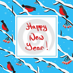 Cute bullfinches are sitting on the branches. Snowing. Christmas card. Merry christmas and happy new year greetings