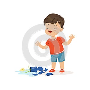 Cute bully boy broke the vase, hoodlum cheerful little kid, bad child behavior vector Illustration