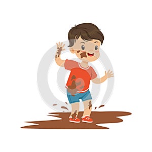 Cute bully boy jumping in a dirt, hoodlum cheerful little kid, bad child behavior vector Illustration