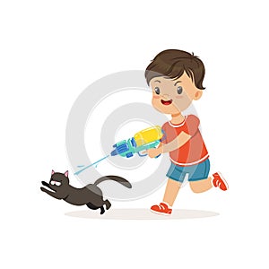 Cute bully boy pouring a black cat out of a water gun, hoodlum cheerful little kid, bad child behavior vector