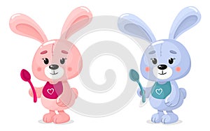 Cute bunnies boy and girl with spoons and bibs. Vector isolates of animals in cartoon flat style. Ideal for baby food.