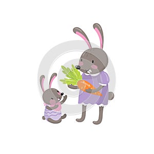 Cute bunnies characters mother and little baby. Happy rabbit family portrait. Humanized forest animals in human clothes