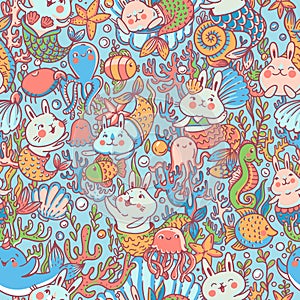 Cute bunnies mermaid seamless pattern, doodle sealife nursery texture