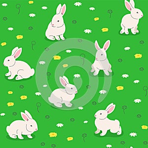 Cute bunnies playing in the spring meadow hand drawn seamless pattern