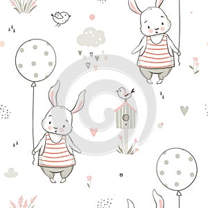 Cute bunny with air balloon, Nursery seamless pattern