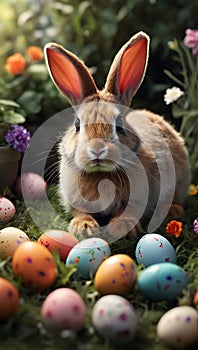 A cute bunny amidst colorful Easter eggs and blooming flowers. Ai-Generated Images