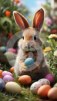 A cute bunny amidst colorful Easter eggs and blooming flowers. Ai-Generated Images
