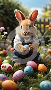 A cute bunny amidst colorful Easter eggs and blooming flowers, capturing. Ai-Generated Images