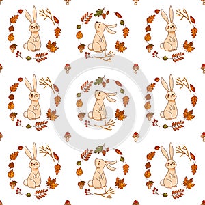Cute bunny in the autumn forest. Seamless pattern.