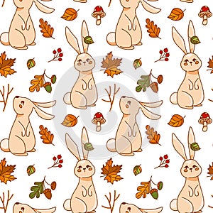 Cute bunny in the autumn forest. Seamless pattern.