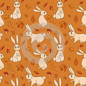 Cute bunny in the autumn forest. Seamless pattern.